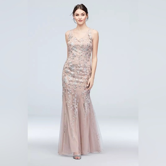 Dresses & Skirts - Embroidered Sequin Flower V Neck Tulle Gown